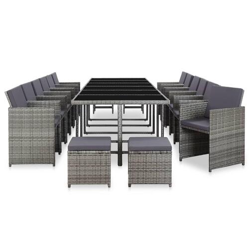 Udendørs spisebordssæt med hynder 17 dele polyrattan grå