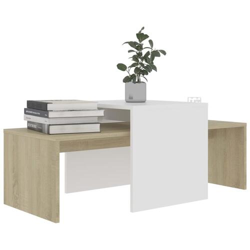 Sofabordssæt 100x48x40 cm konstrueret træ hvid og sonoma-eg