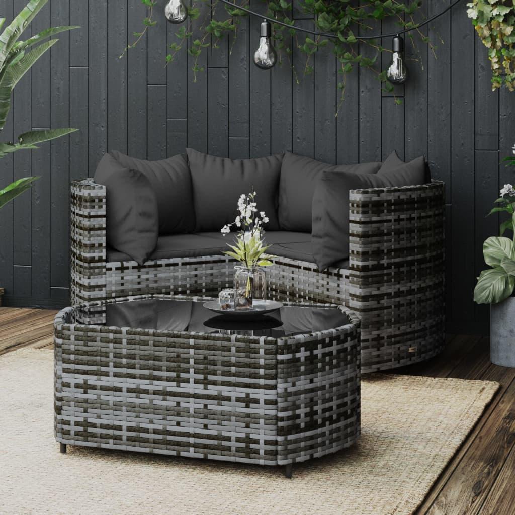 Loungesæt til haven - 4 dele med hynder i grå polyrattan