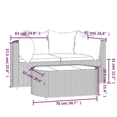 Loungesæt til haven 3 dele med hynder polyrattan brun