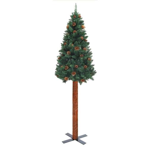 Smalt juletræ med ægte træ og grankogler 150 cm PVC grøn