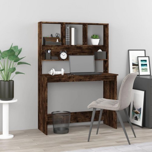 Skrivebord med hylder 102×45×148 cm - konstrueret træ, røget egetræ