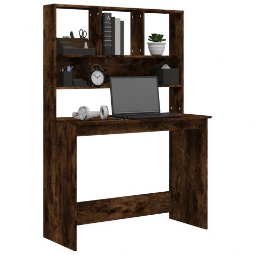 Skrivebord med hylder 102×45×148 cm - konstrueret træ, røget egetræ