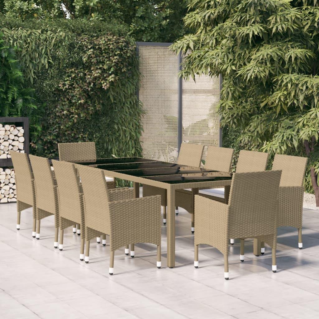 Spisebordssæt til haven 11 dele polyrattan beige