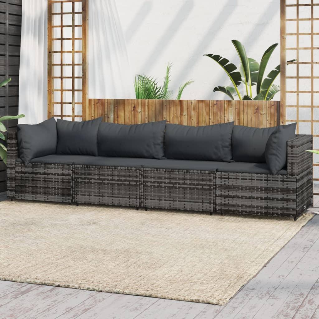 Loungesæt til haven 4 dele med hynder polyrattan grå