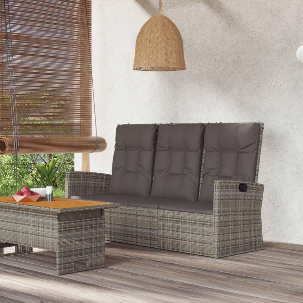Havebænk med hynder 173 cm - polyrattan, grå, lænefunktion