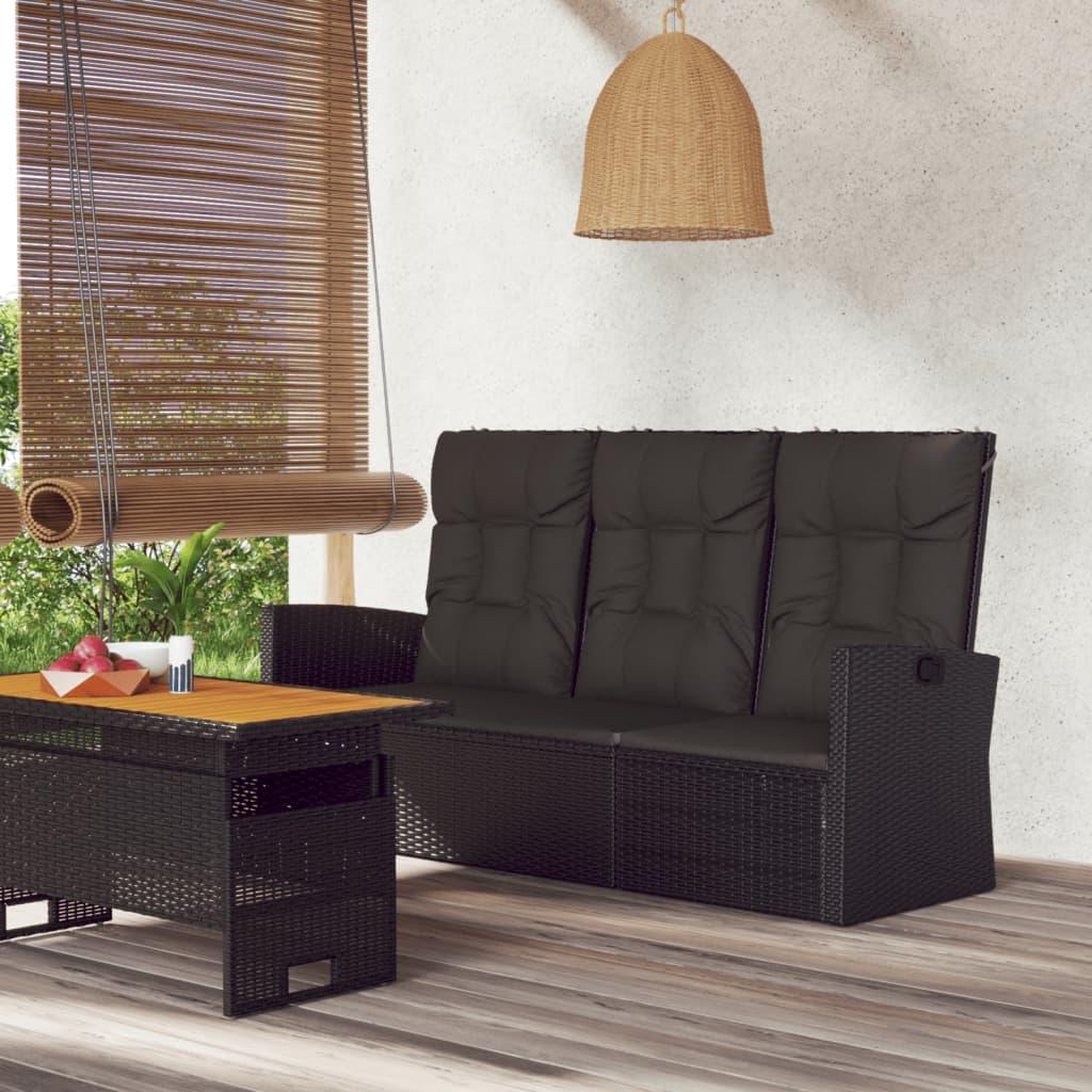 Havebænk med hynder 173 cm i sort polyrattan - justerbart ryglæn