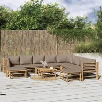 Loungesæt til haven 11 dele med gråbrune hynder bambus