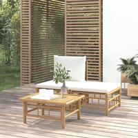 Loungesæt til haven 3 dele med cremehvide hynder bambus