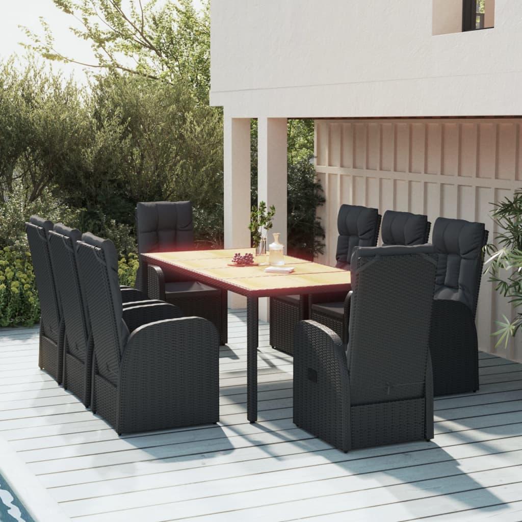 Spisebordssæt Til Haven 9 Dele Med Hynder Polyrattan Sort - 8x stol bord / 190 cm bordlængde