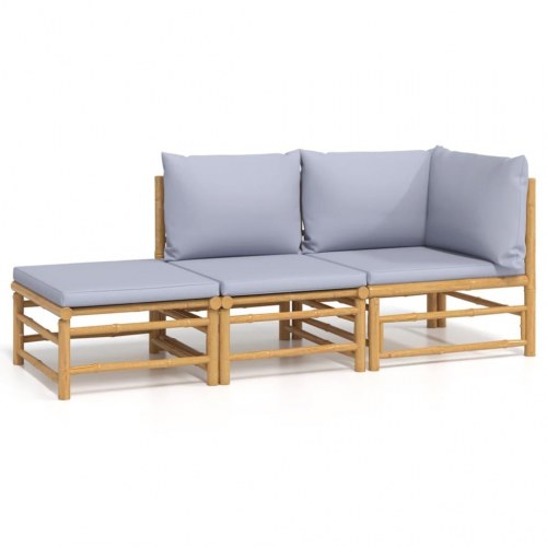 Loungesæt til haven 3 dele med lysegrå hynder bambus