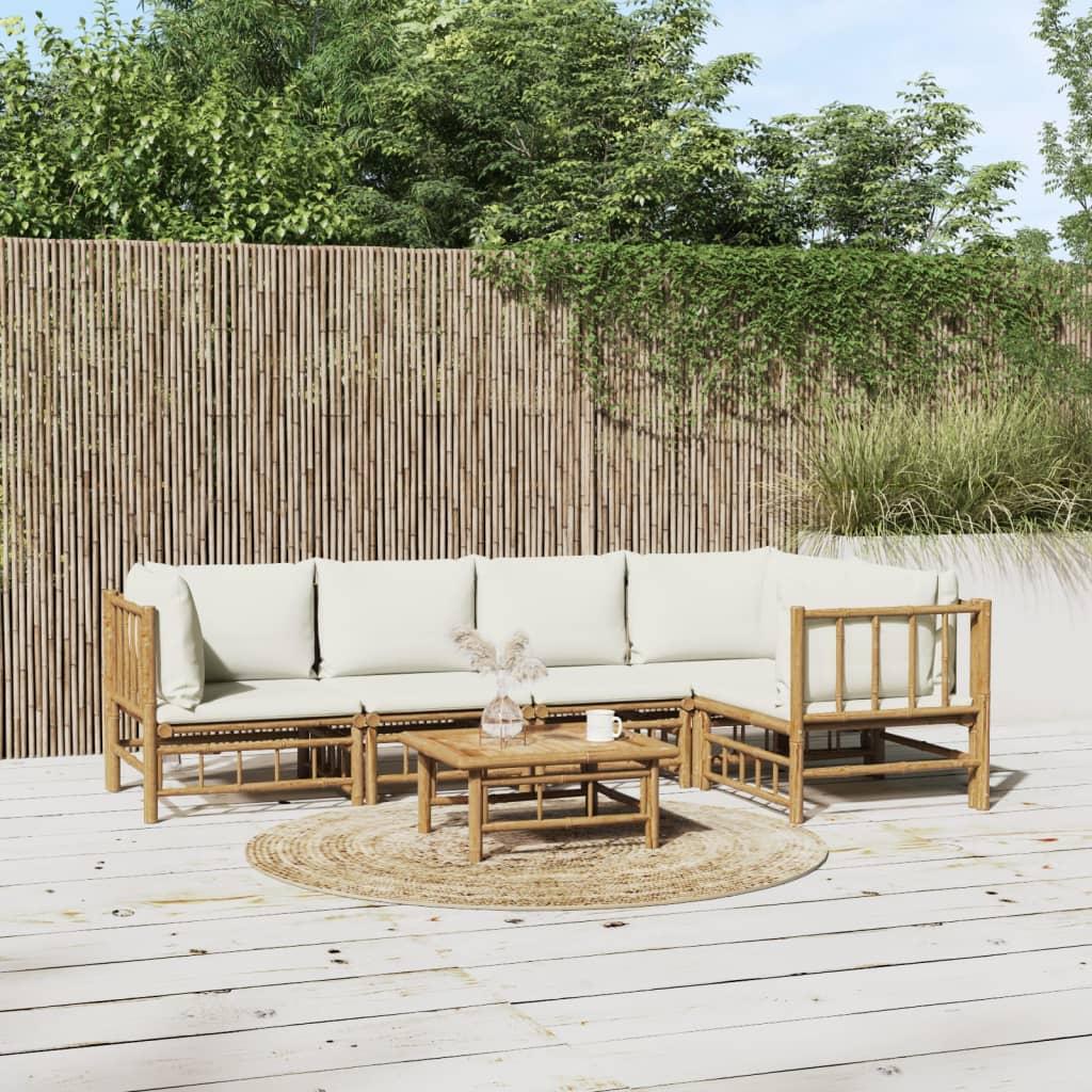 Loungesæt Til Haven 9 Dele Med Hynder Bambus - Creme / 2x midterdel 3x hjørnedel bord