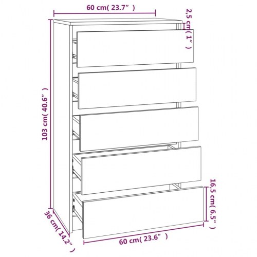 Kommode 60 × 36 × 103 cm i konstrueret træ - grå sonoma-eg, 5 skuffer