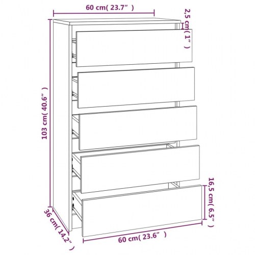 Kommode med 5 skuffer 60×36×103 cm - røget egetræsfarve