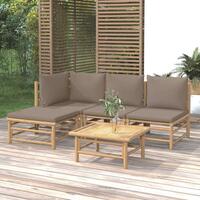 Loungesæt til haven 5 dele med gråbrune hynder bambus