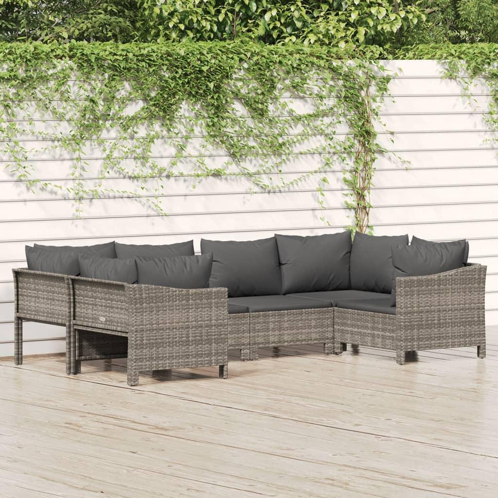 Loungesæt Til Haven 6 Dele Med Hynder Polyrattan Grå - 2x corner 2x middle 2x armchair