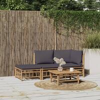 Loungesæt til haven 3 dele med mørkegrå hynder bambus