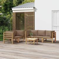 Loungesæt til haven 6 dele med gråbrune hynder bambus