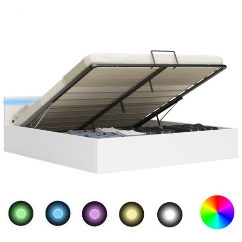 Hydraulisk opbevaringsseng med LED 180 x 200 cm kunstlæder hvid