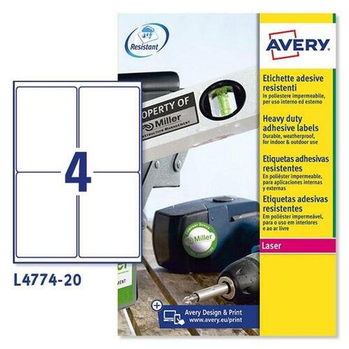 Printer labels Avery L4774 Hvid 20 Ark 99,1 x 139 mm (5 enheder)