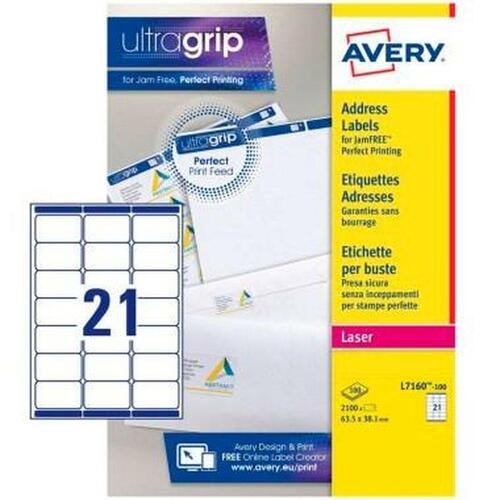 Printer labels Avery L7160 Hvid 100 Ark 63,5 x 38,1 mm (5 enheder)