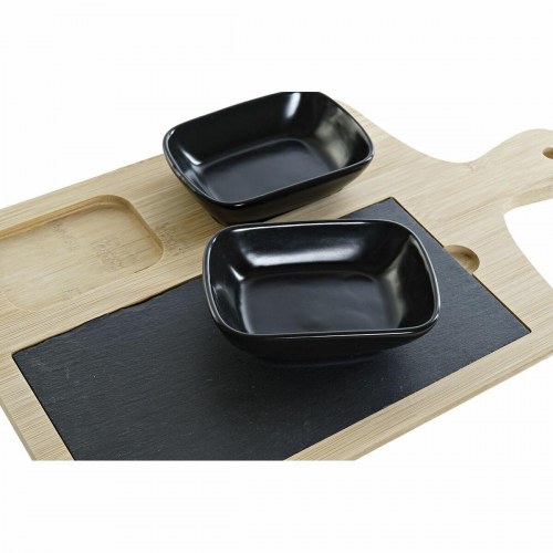 Appetizersæt - bambusbræt med skiferfelt og 2 skåle, sort/natur, 33 × 19,7 × 3,5 cm (4 dele)