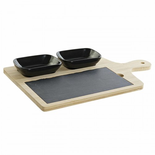 Appetizersæt - bambusbræt med skiferfelt og 2 skåle, sort/natur, 33 × 19,7 × 3,5 cm (4 dele)