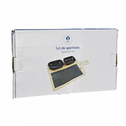 Appetizersæt - bambusbræt med skiferfelt og 2 skåle, sort/natur, 33 × 19,7 × 3,5 cm (4 dele)
