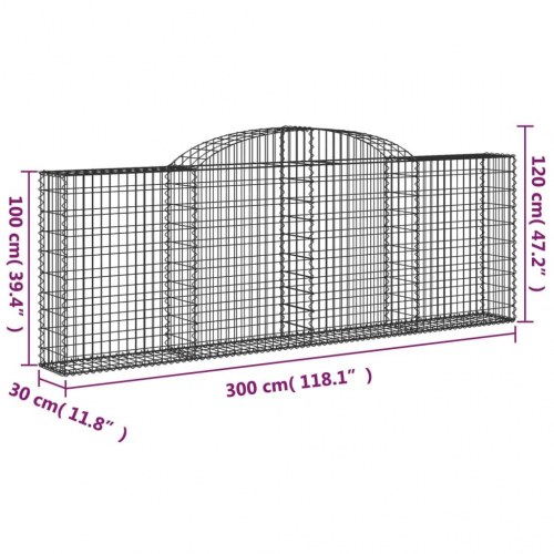 Buet gabionkurv 300×30×100/120 cm - galvaniseret jern