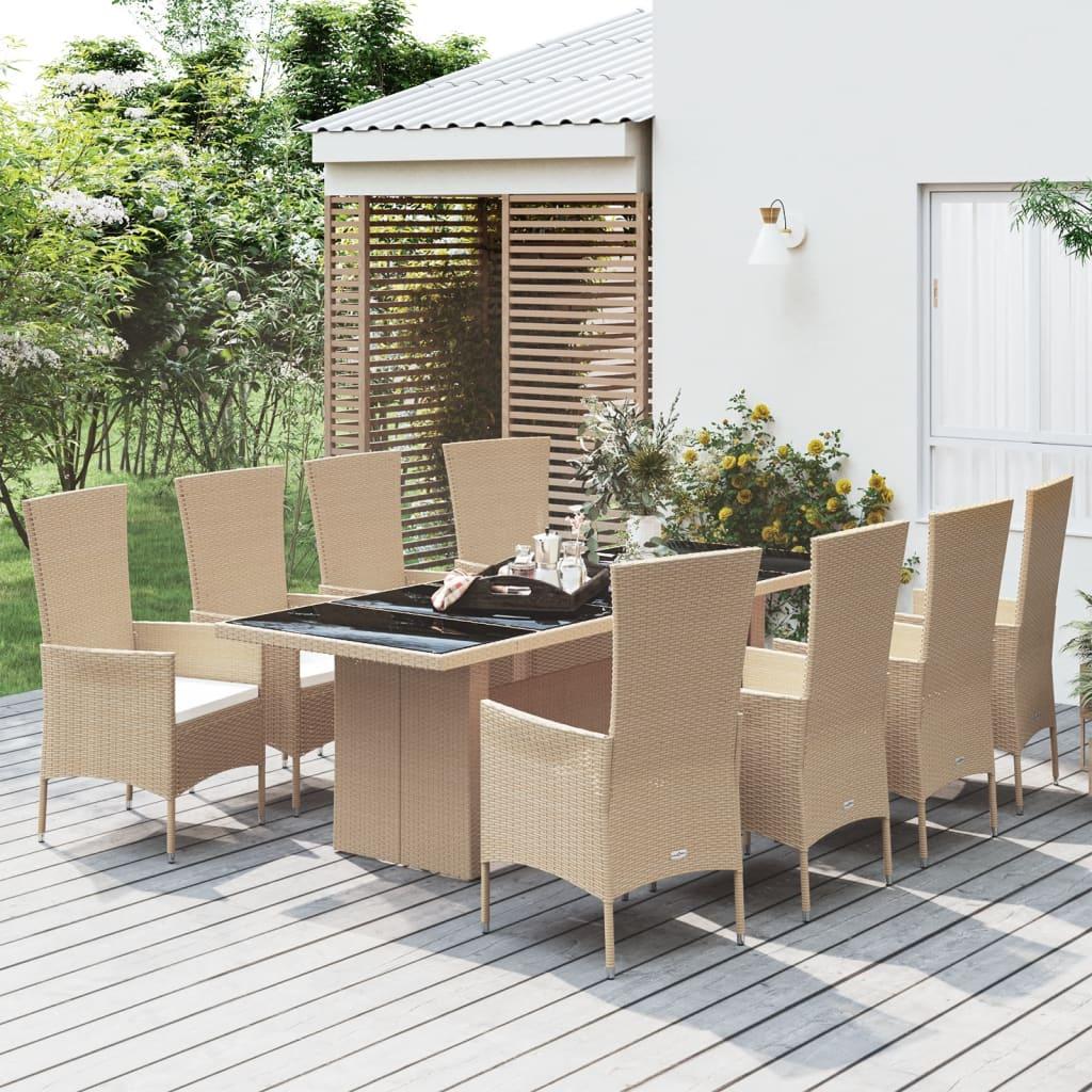 Spisebordssæt til haven i polyrattan - 9 dele med hynder, beige