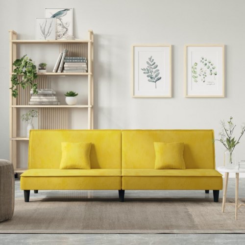 Sovesofa i velour - gul 200 cm med puder