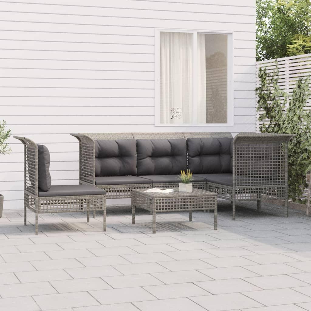 Loungesæt Til Haven 5 Dele Med Hynder Polyrattan Grå - 3x hjørnedel 2x midterdel fodskammel