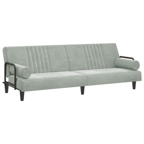 Sovesofa med armlæn i velour - lysegrå, 205 cm