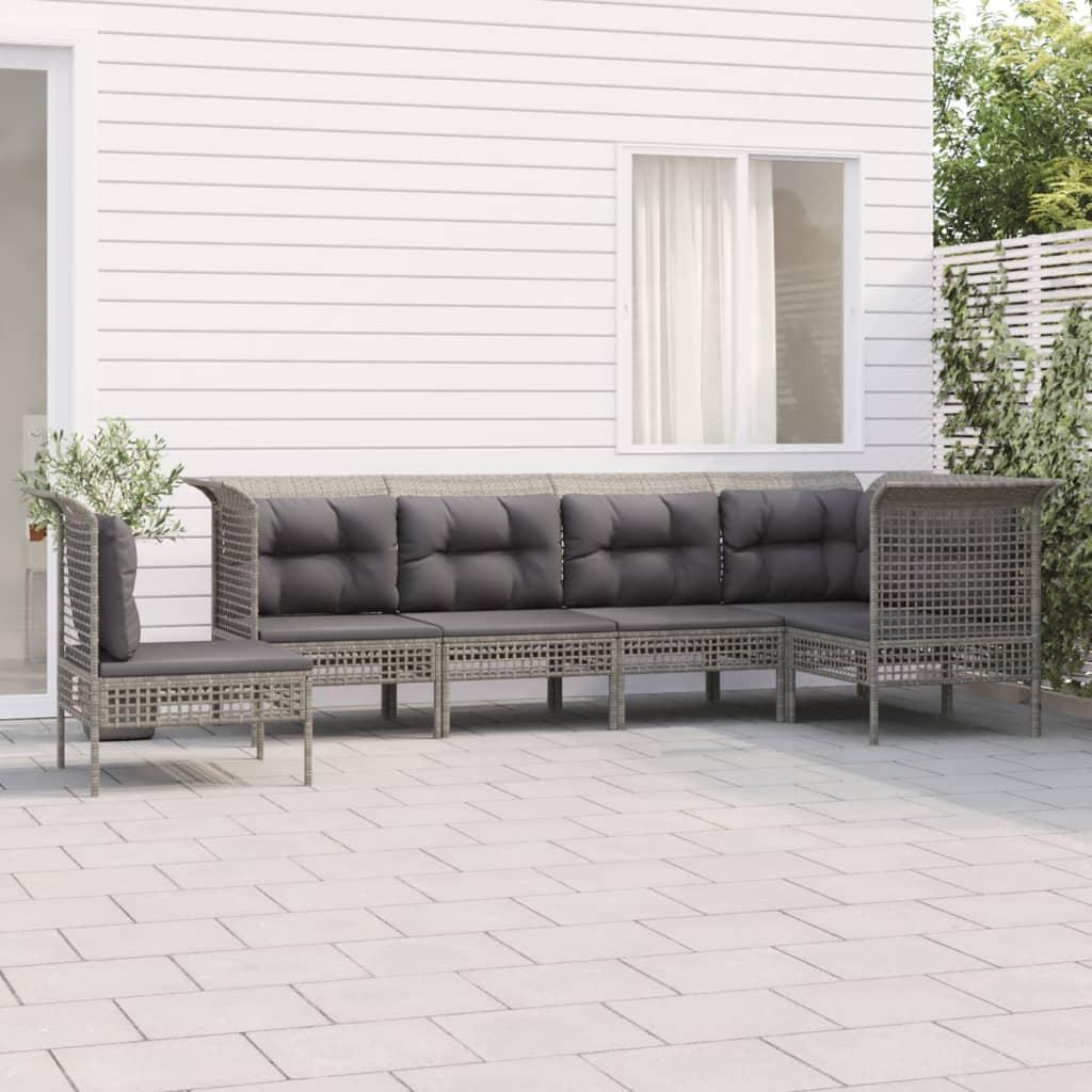 Loungesæt Til Haven 5 Dele Med Hynder Polyrattan Grå - 3x hjørnedel 3x midterdel