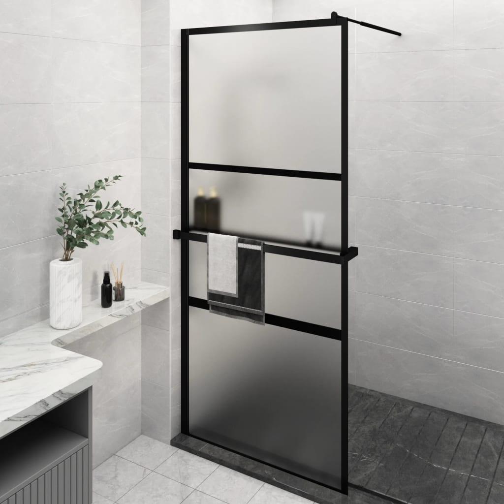 Brusevæg med hylde 90x195 cm sikkerhedsglas og aluminium sort