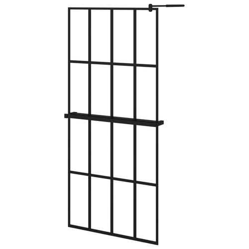 Brusevæg med hylde 90x195 cm sikkerhedsglas og aluminium sort