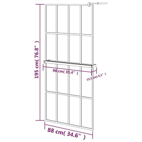 Brusevæg med hylde 90x195 cm sikkerhedsglas og aluminium sort
