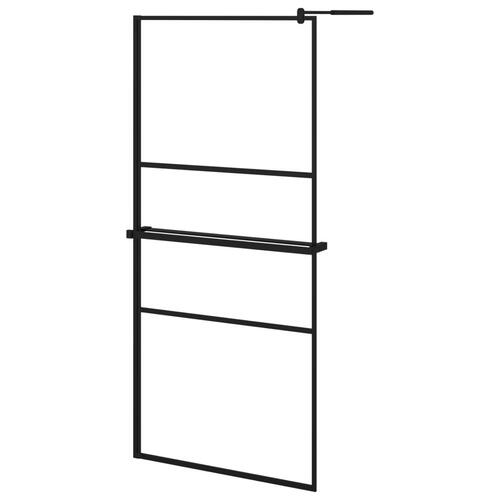 Brusevæg med hylde 90x195 cm sikkerhedsglas og aluminium sort