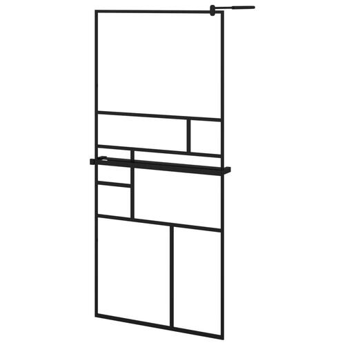 Brusevæg med hylde 90x195 cm sikkerhedsglas og aluminium sort