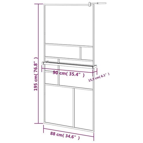 Brusevæg med hylde 90x195 cm sikkerhedsglas og aluminium sort