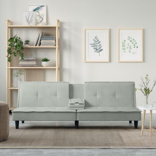 Sovesofa med kopholdere i velour - lysegrå