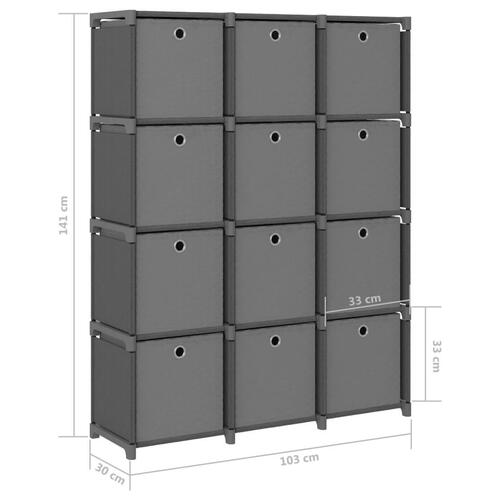 Reol med 12 rum og kasser 103x30x141 cm stof grå