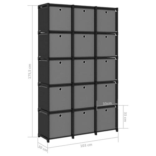 Reol med 15 rum og kasser 103x30x175,5 cm stof sort