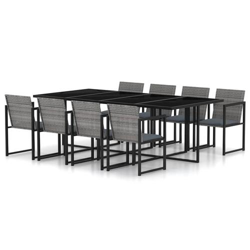 Udendørs spisebordssæt 9 dele med hynder polyrattan grå