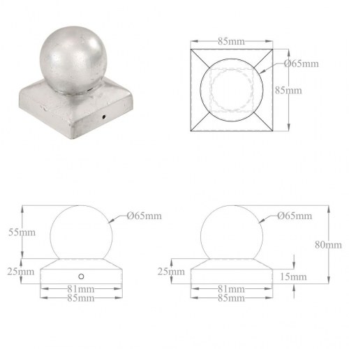 Kugleformede stolpehætter 6 stk. 81x81 mm galvaniseret metal