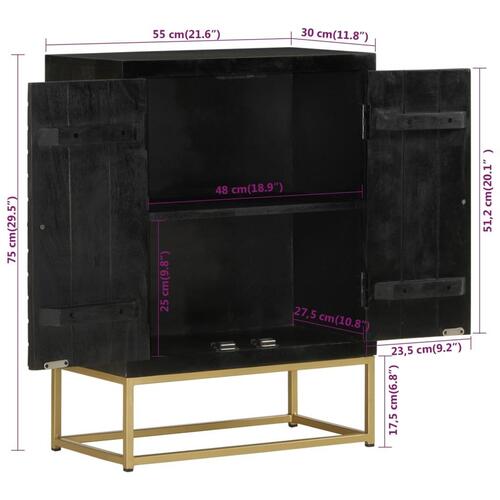 Skænk med 2 låger 55x30x75 cm massivt genbrugstræ sort og guld