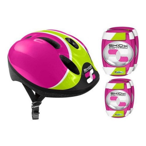 Cykelhjelm sæt til børn - pink/grøn hjelm, knæ- og albuebeskyttere (justerbar 52-56 cm)