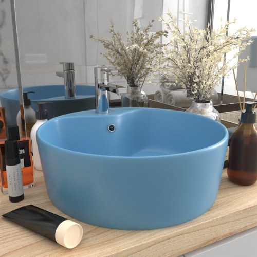 Rund håndvask i keramik med overløb 36 × 13 cm - mat lyseblå