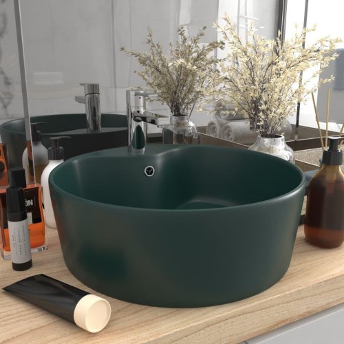 Luksuriøs håndvask i keramik med overløb 36×13 cm - mat mørkegrøn