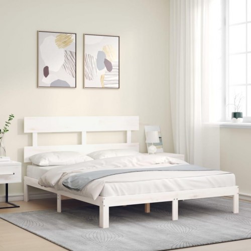 Sengeramme 160x200 cm i massivt fyrretræ - hvid med sengegavl